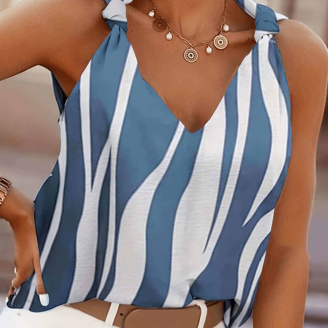 Stripe Print Knot Strap Tank Top