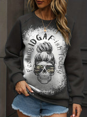 Skull Print Pullover Sweatshirt Crew Neck for Women's Clothing