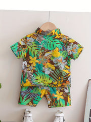 Boys Leaf & Flower Print Outfit Shirt & Shorts Kids Summer Clothes Sets