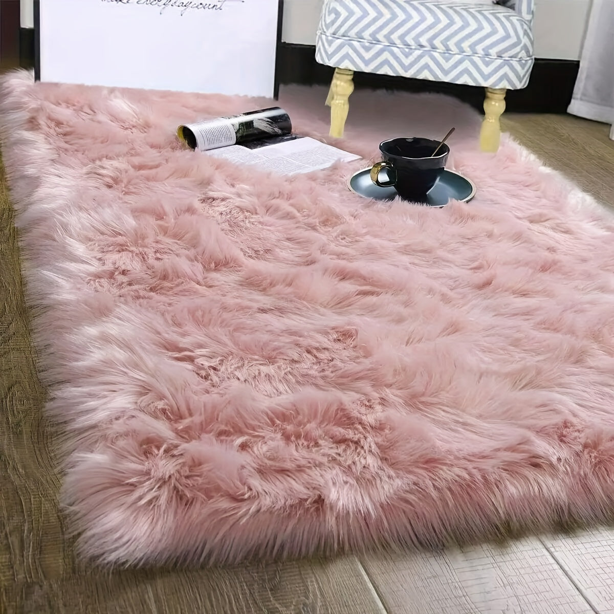 Pink Faux Wool Plush Mat for Living Room Coffee Table Sofa Rug