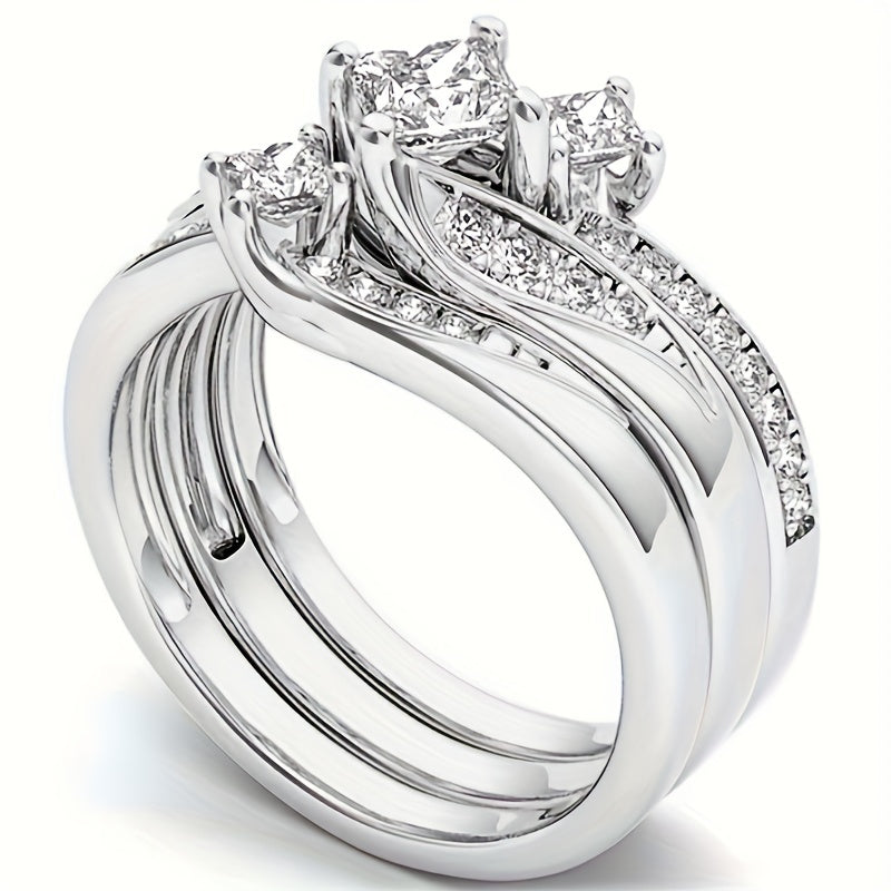 Classic Silver Stainless Steel Matching Ring With Sapphire Zircon Size 5-11