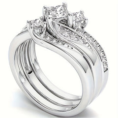 Classic Silver Stainless Steel Matching Ring With Sapphire Zircon Size 5-11