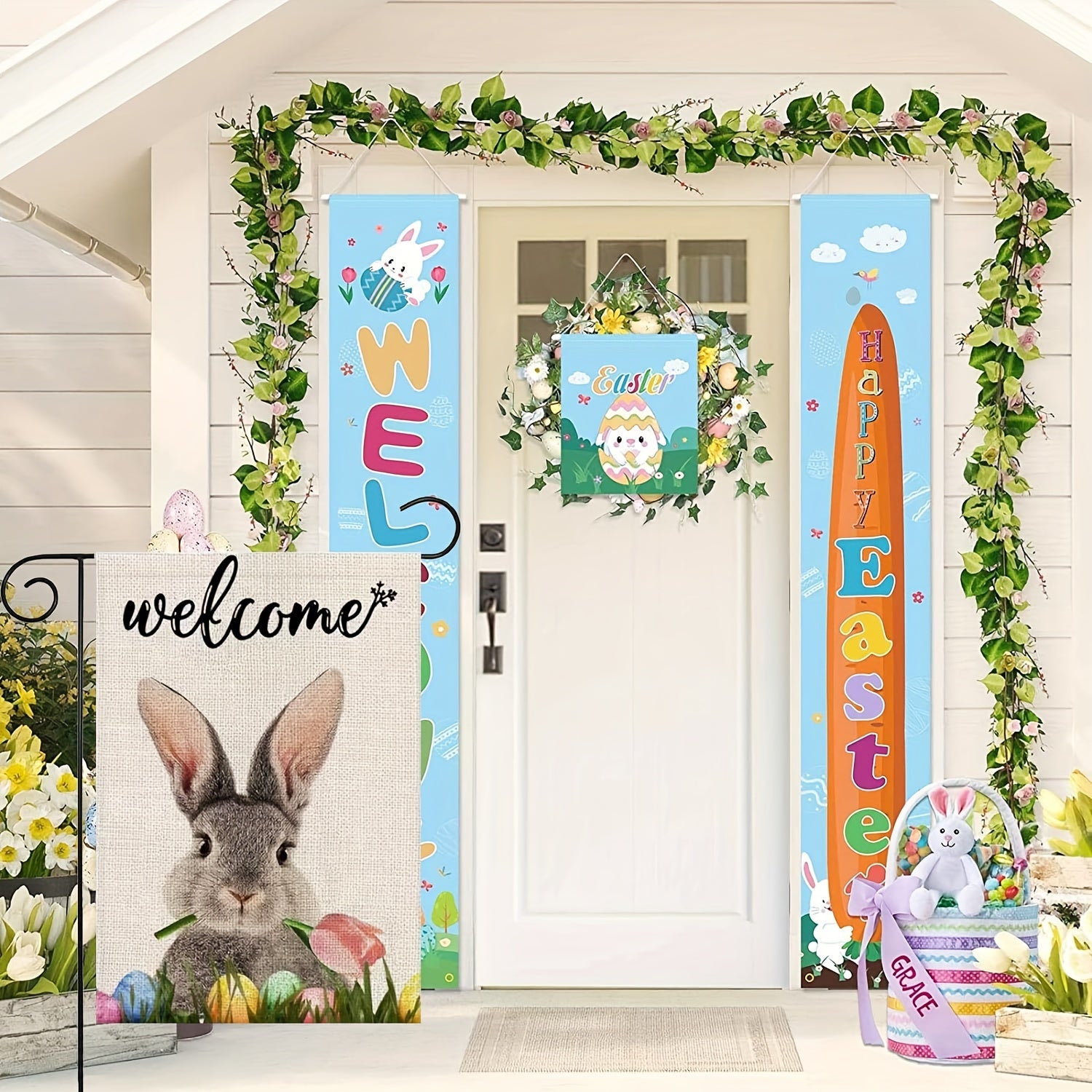 Welcome Rabbit Easter Garden Flag Double Sided Spring Bunny Tulip Egg