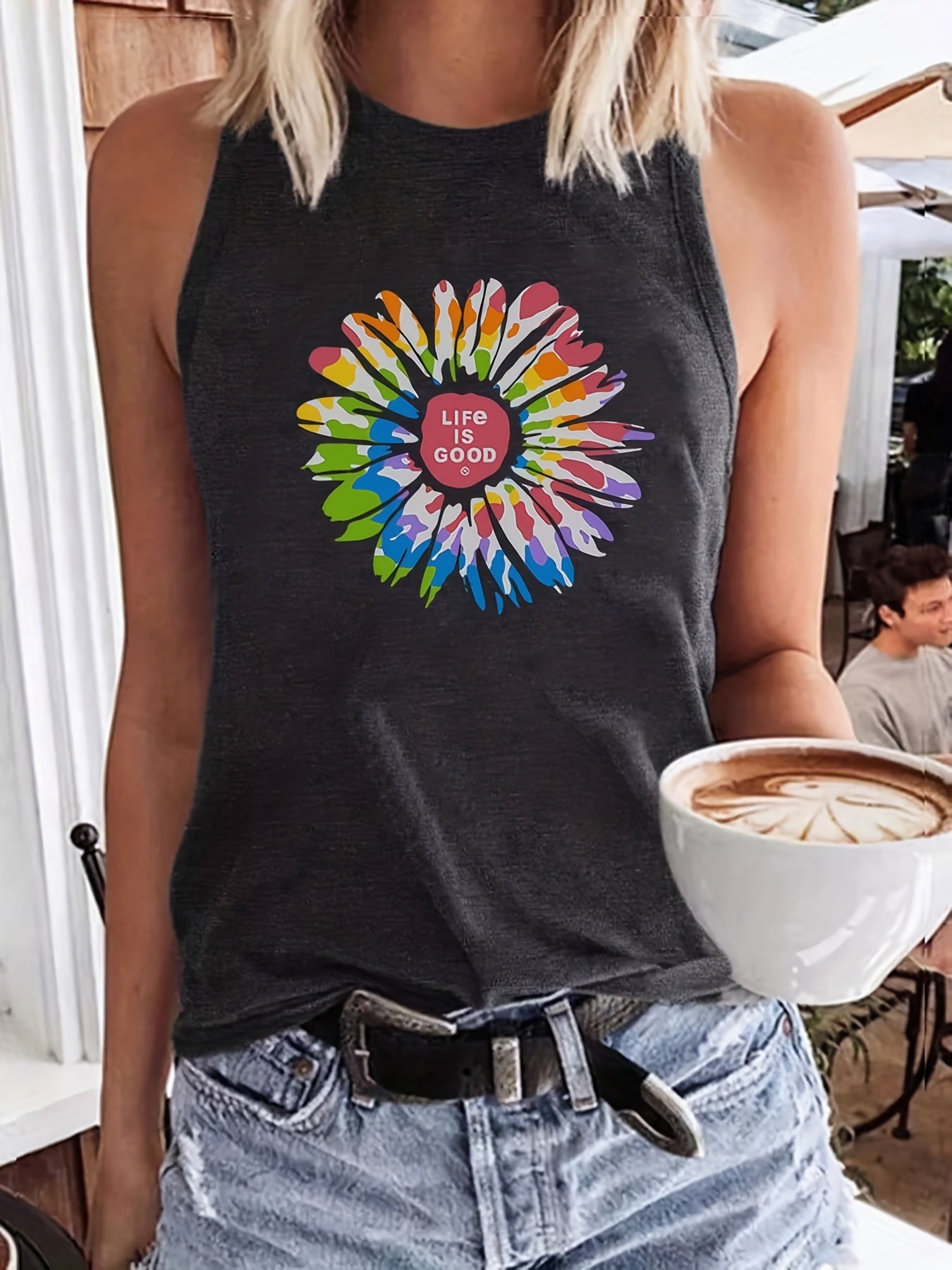 Sunflower & Letter Print Tank Top Women's Clothing