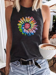Sunflower & Letter Print Tank Top Women's Clothing