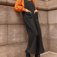 Solid Square Neck Wide Leg Overalls With Pockets