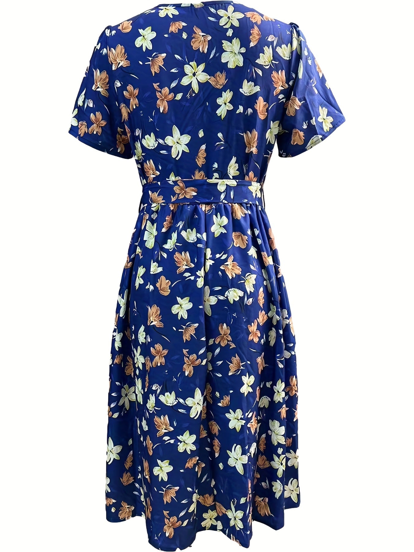 Floral Print V Neck Dress Knot Pleated Short Sleeve Dress