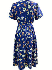 Floral Print V Neck Dress Knot Pleated Short Sleeve Dress