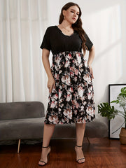 Floral Print Short Sleeve Plus Size Midi Dress