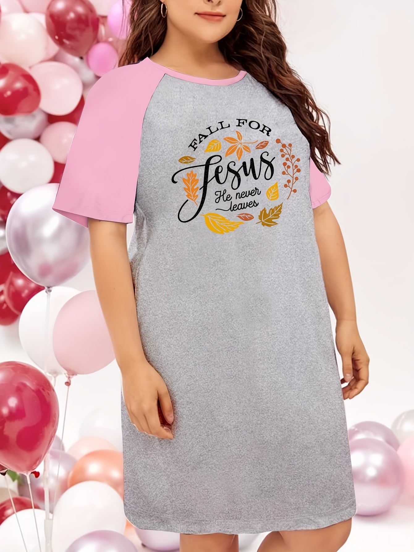 Maple Leaf & Letter Print Nightdress Raglan Sleeve Tee Sleep Dress