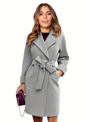 Lapel Neck Belted Coat Long Sleeve Coat For Fall & Winter Women's Clothing