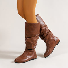 Women's Ruched Mid Calf Riding Boots in Dark Brown