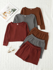 Girl's Solid 2pcs Long Sleeve Top & Shorts Set Waffle Texture Outfit