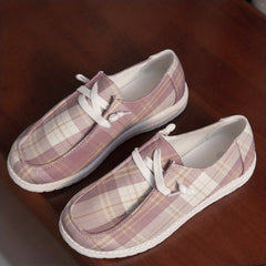 Pink Plaid Canvas Shoes Women Casual Lace Up Sneakers Lightweight Comfort