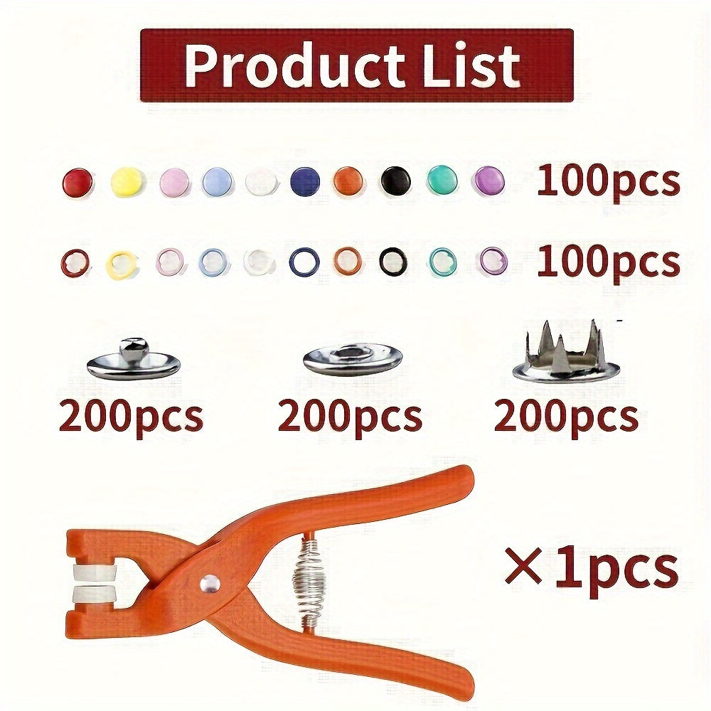 200pc Metal Snap Fastener Kit 10 Colors w/ Pliers Tool