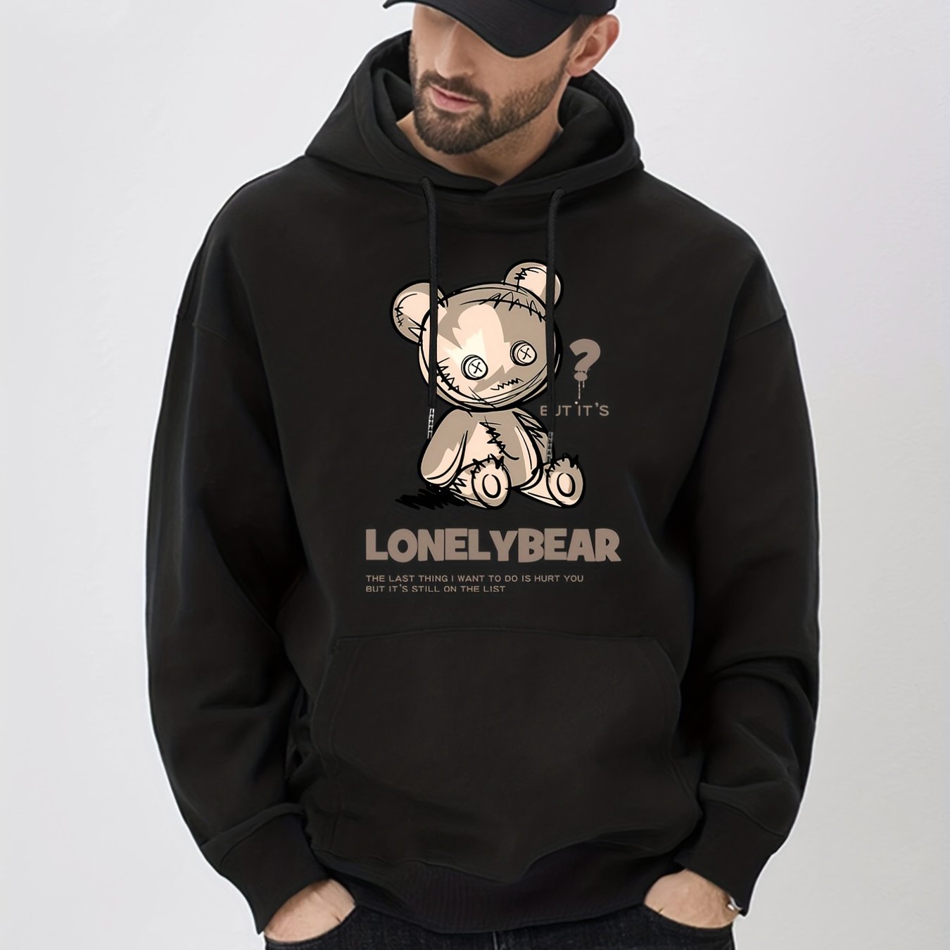Lonely Bear Print Hoodie Pullover Sweatshirt Men Streetwear