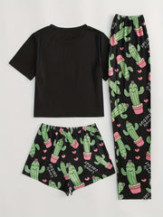 Cactus Print Pajamas Set Top & Shorts & Pants Women's Sleepwear