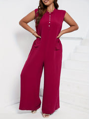 Button Up Mock Neck Wide Leg Jumpsuit