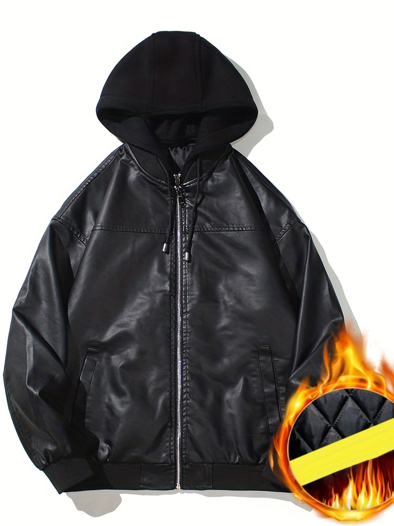 Men's PU Hooded Biker Jacket Zip Up Faux Leather