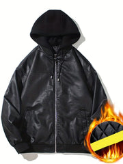 Men's PU Hooded Biker Jacket Zip Up Faux Leather