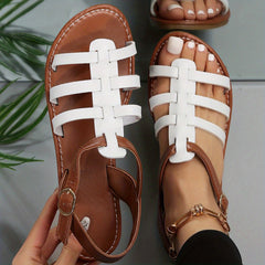 Women's Cut Out Flat Sandals Casual Buckle Strap Faux Leather Sandals