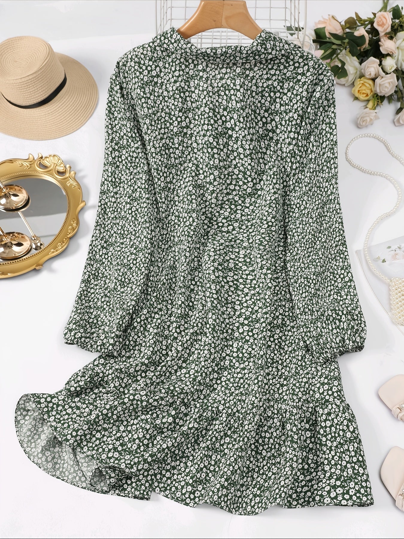 Floral Print V Neck Long Sleeve Dress Plus Size