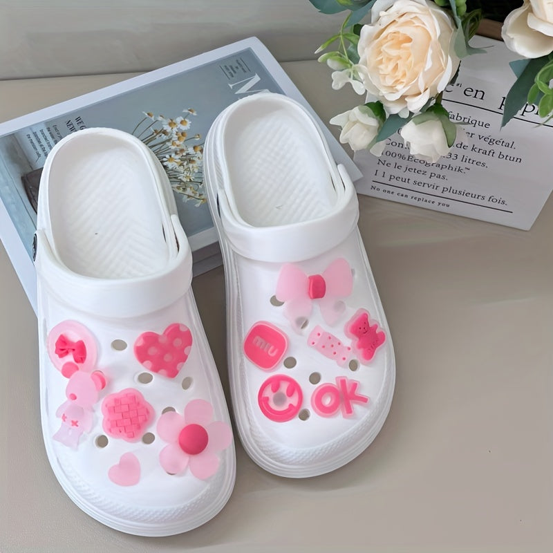 12pcs Pink Bear & Bow Sandal Shoe Charms - Luminous PVC Shoe Decorations