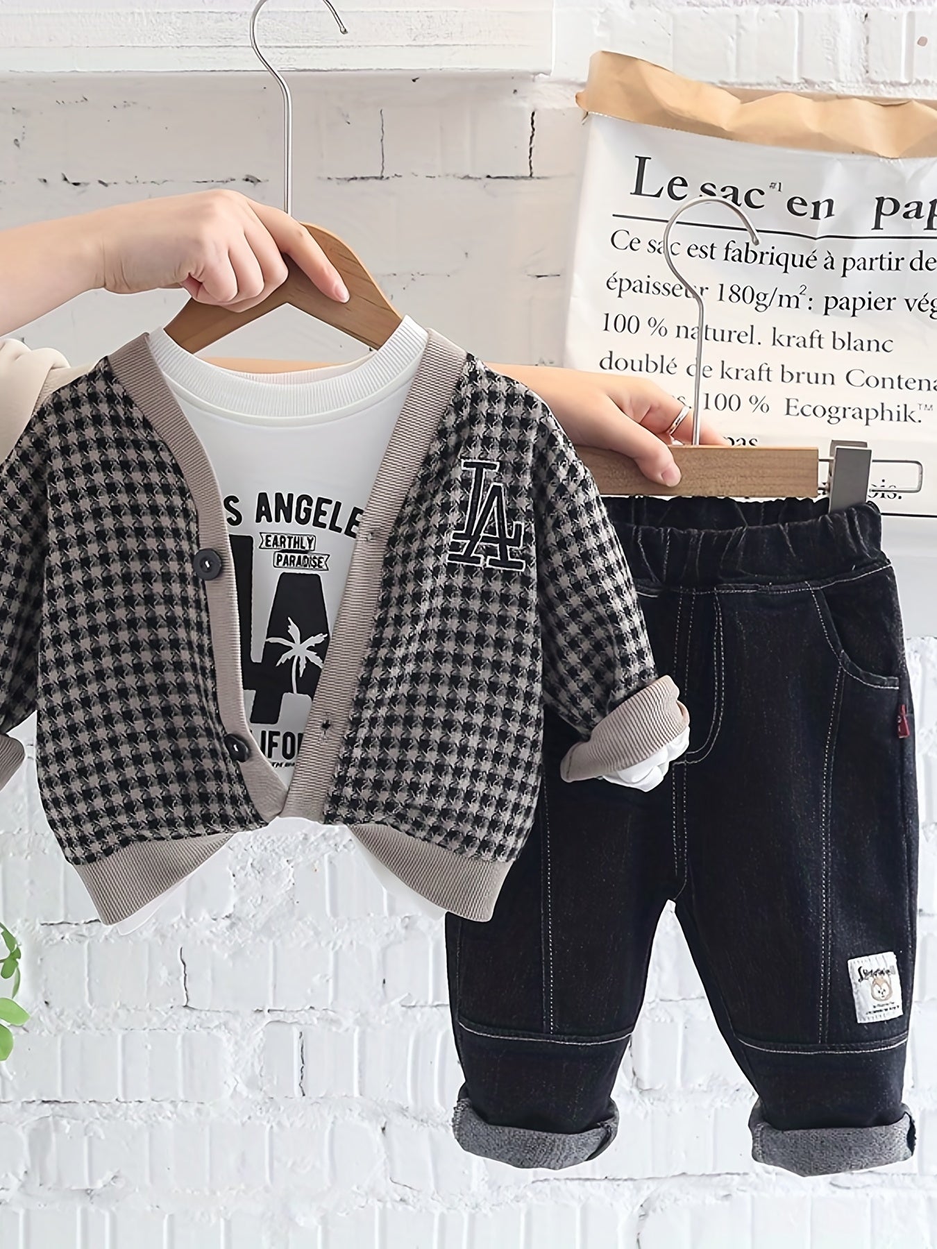 Boys Casual Outfit Long Sleeve T Shirt & Jeans Pants & Cardigan Coat
