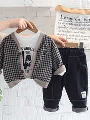 Boys Casual Outfit Long Sleeve T Shirt & Jeans Pants & Cardigan Coat