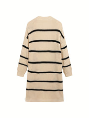 Striped Open Front Drop Shoulder Knit Cardigan for Women
