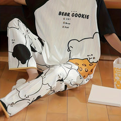 Bear Print Pajama Set Short Sleeve Top & Pants Women's Sleepwear