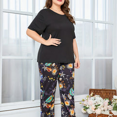 Boho Pajama Set Solid Tee & Tropical Print Pants Loungewear