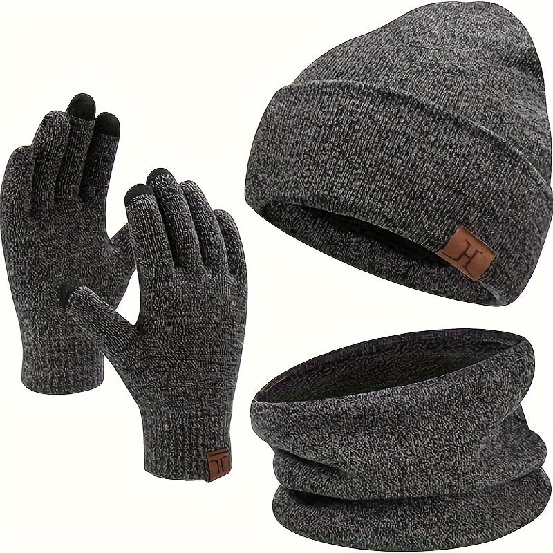 3 Pc Winter Warm Velvet Thickened Set Hat Scarf Gloves Solid Touch Screen