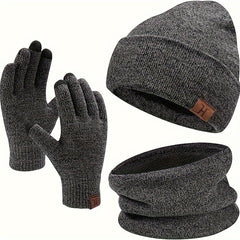 3 Pc Winter Warm Velvet Thickened Set Hat Scarf Gloves Solid Touch Screen