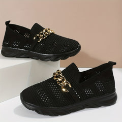 Metallic Chain Decor Woven Mesh Slip On Lightweight Comfy Outdoor Shoes