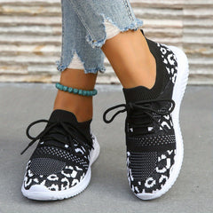 Women's Leopard Print Knit Sports Shoes Breathable Running Sneakers