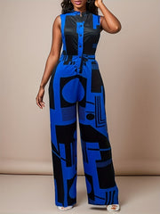 Graphic Print Cinched Tank Jumpsuit Sleeveless Button Front Jumpsuit