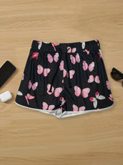 Butterfly Print Contrast Trim Shorts Casual Drawstring Binding Shorts