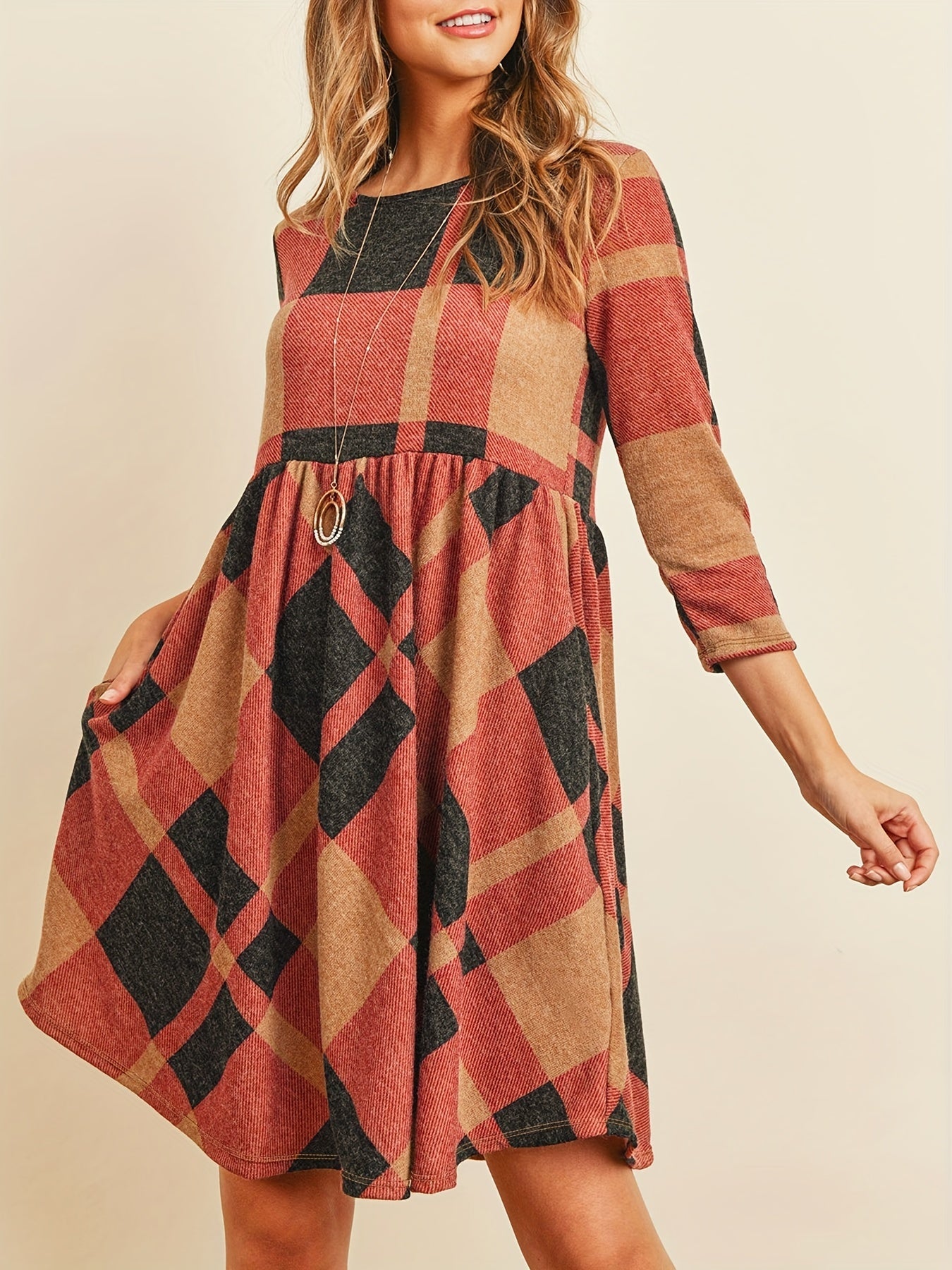 Plaid Print 3 4 Sleeve Dress Casual Vintage Crew Neck Dress Women's Clothing
