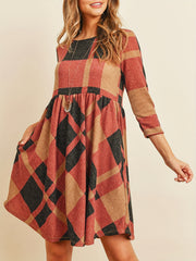 Plaid Print 3 4 Sleeve Dress Casual Vintage Crew Neck Dress Women's Clothing