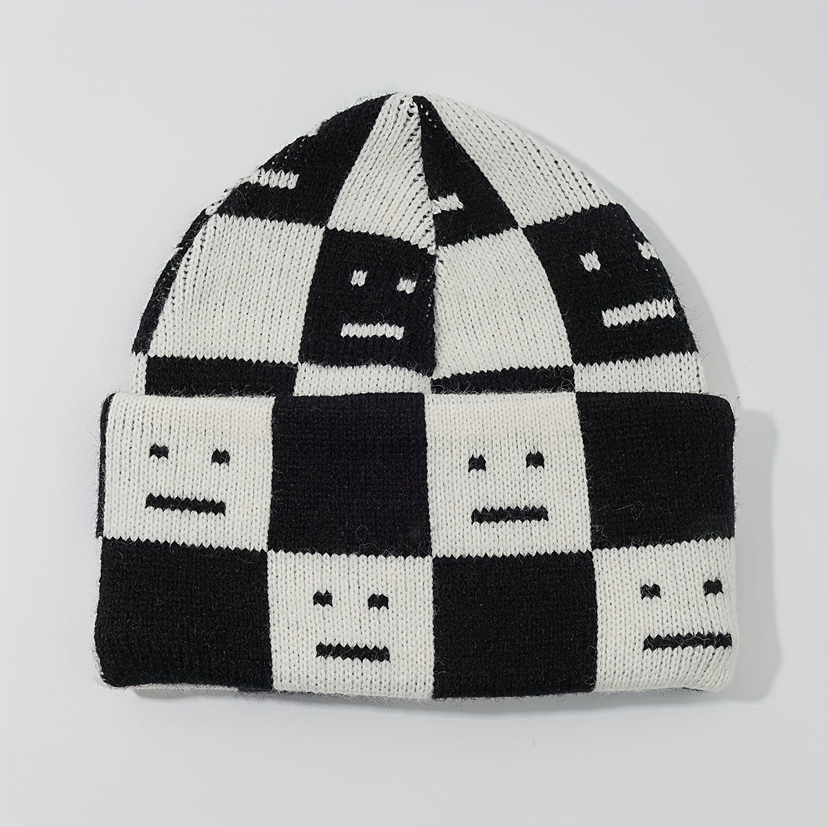 Checkerboard Smiling Beanie Jacquard Wool Knit Hat Unisex Couple Skull Cap