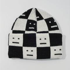 Checkerboard Smiling Beanie Jacquard Wool Knit Hat Unisex Couple Skull Cap