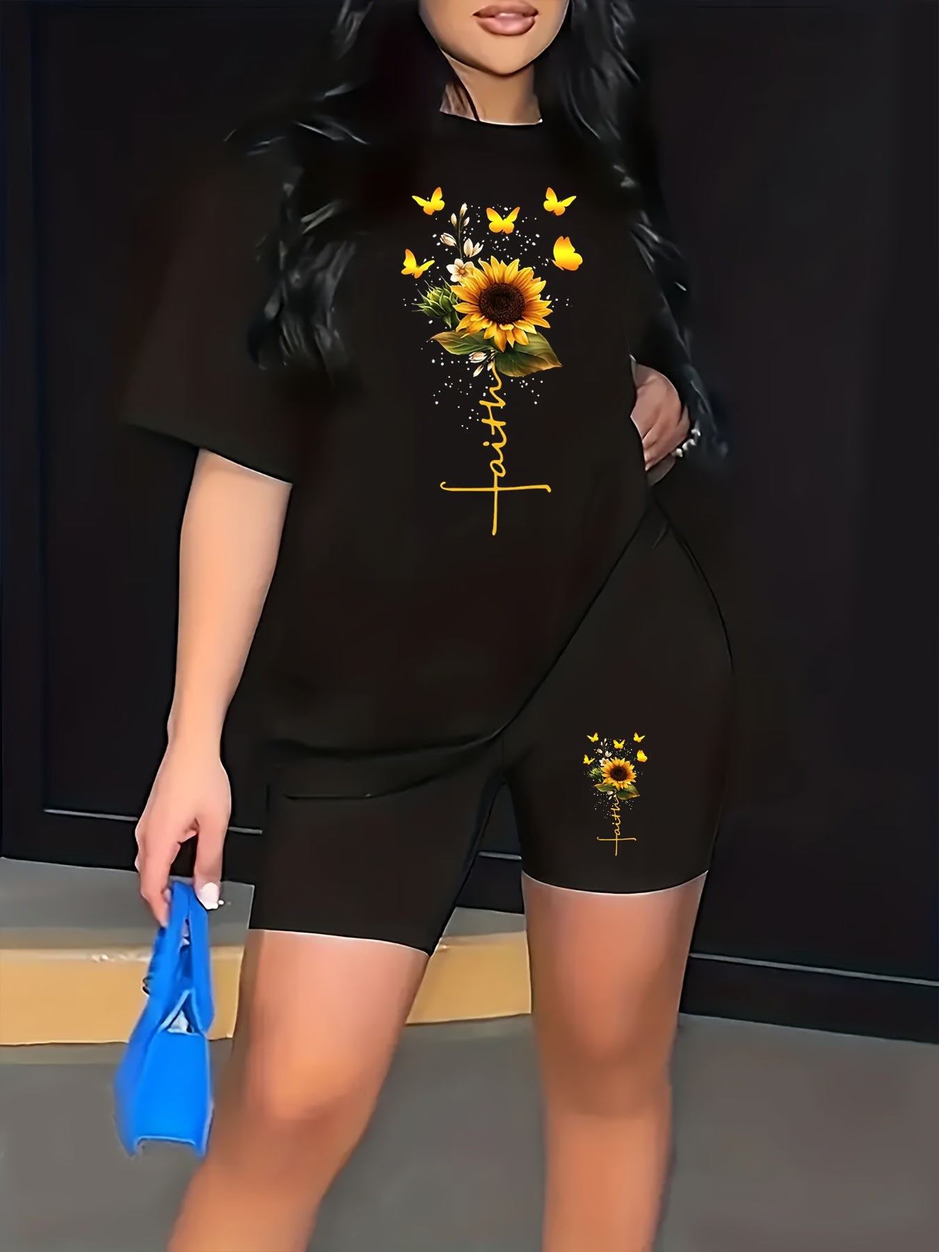 Women's Plus Letter & Sunflower Print 2 Piece Set