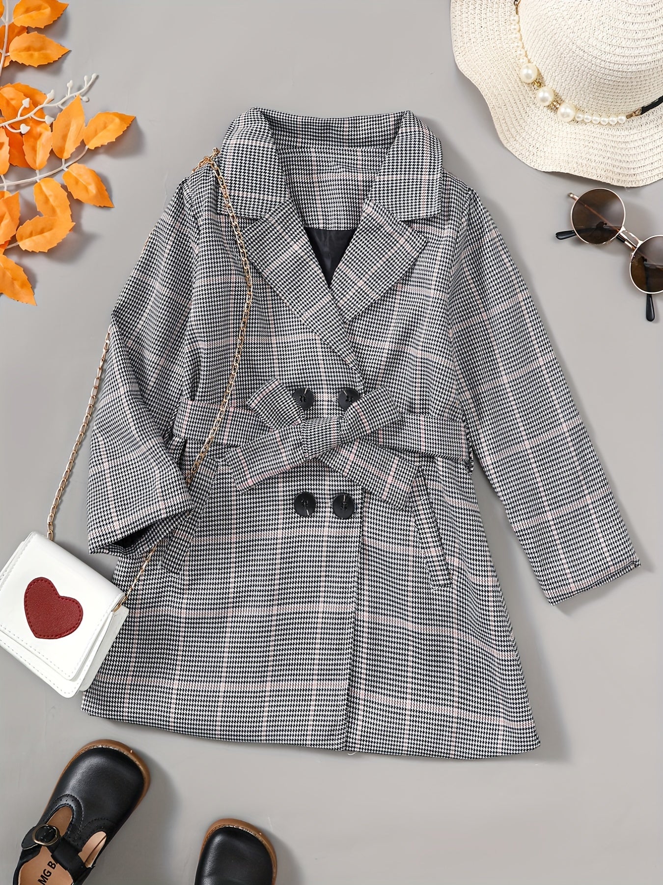 Girls Houndstooth Plaid Peacoat Jacket Kids Overcoat Fall Spring