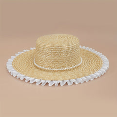 Flat Top Lace Fedora French Style Faux Pearl Decor Sun Hat