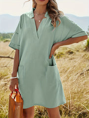 Solid V Neck Shirt Dress With Pockets