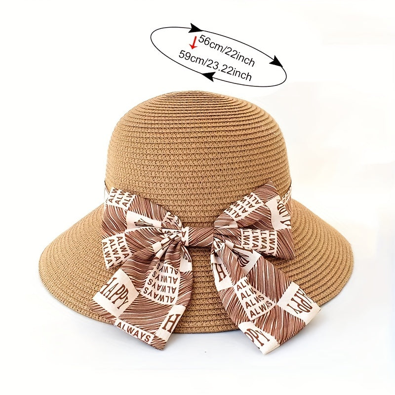 Graffiti Bowknot Sun Hat Wide Brim UV Protection Straw Hat for Women
