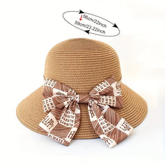 Graffiti Bowknot Sun Hat Wide Brim UV Protection Straw Hat for Women