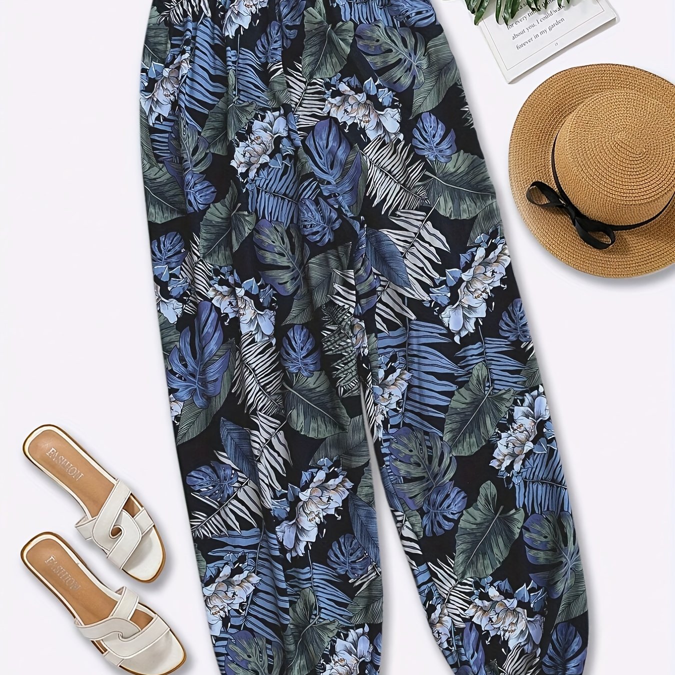 Plant Print Elastic Waist Baggy Pants for Women