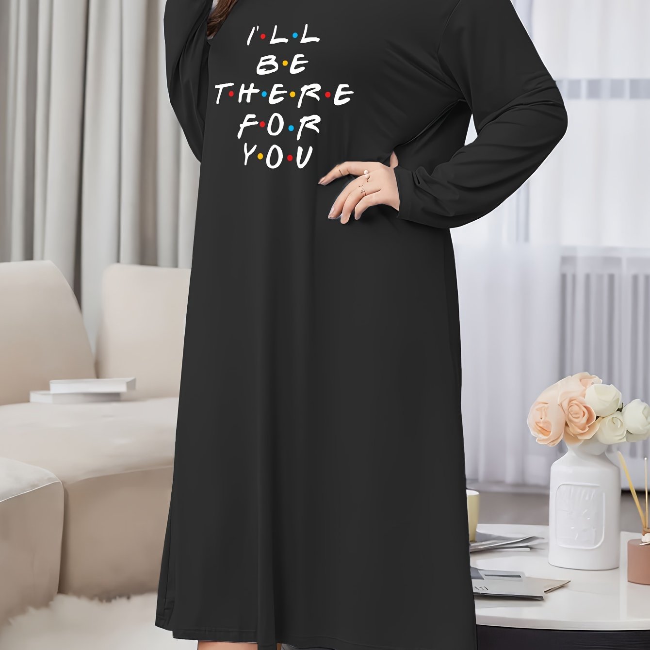 Women's Slogan Print Long Sleeve Casual Lounge Dress